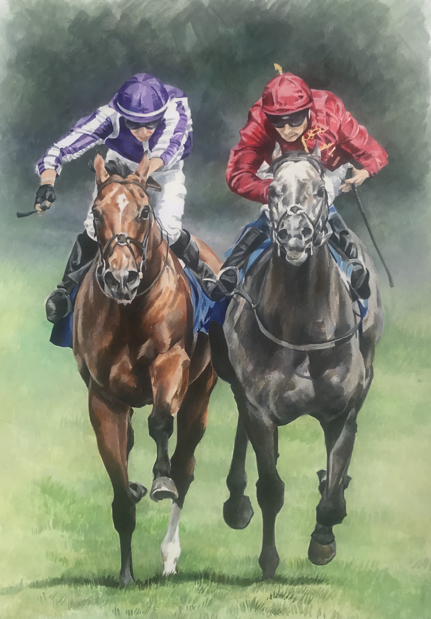 Roaring Lion defeats Saxon Warrior, Eclipse Sakes, Sandown Acrylic Painting @Caroline Cook